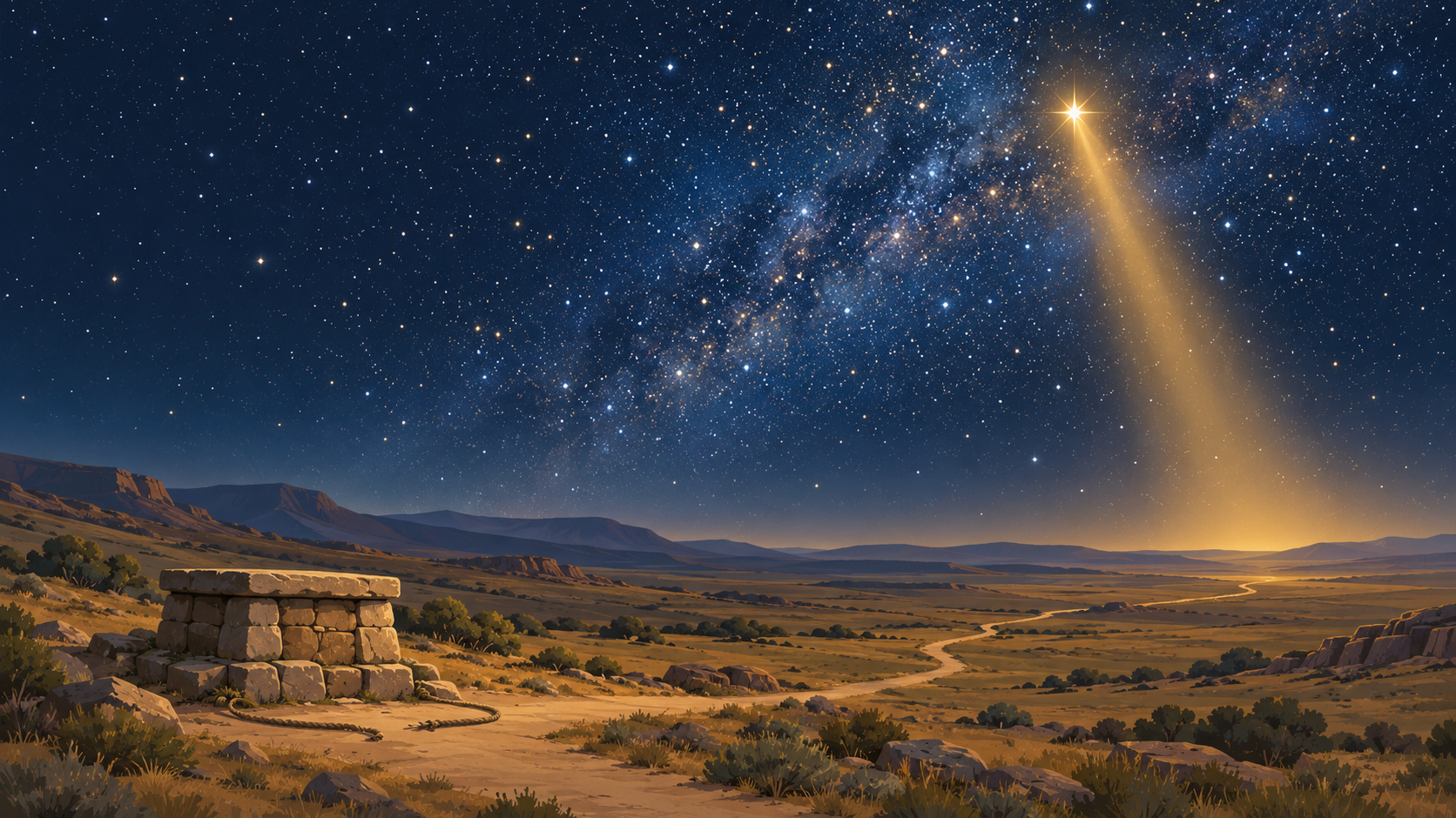 A night sky thick with stars that brighten toward one golden star, whose light falls in a shaft to the far horizon. Below, a path winds across open country from a stone altar with a cut cord lying at its foot.