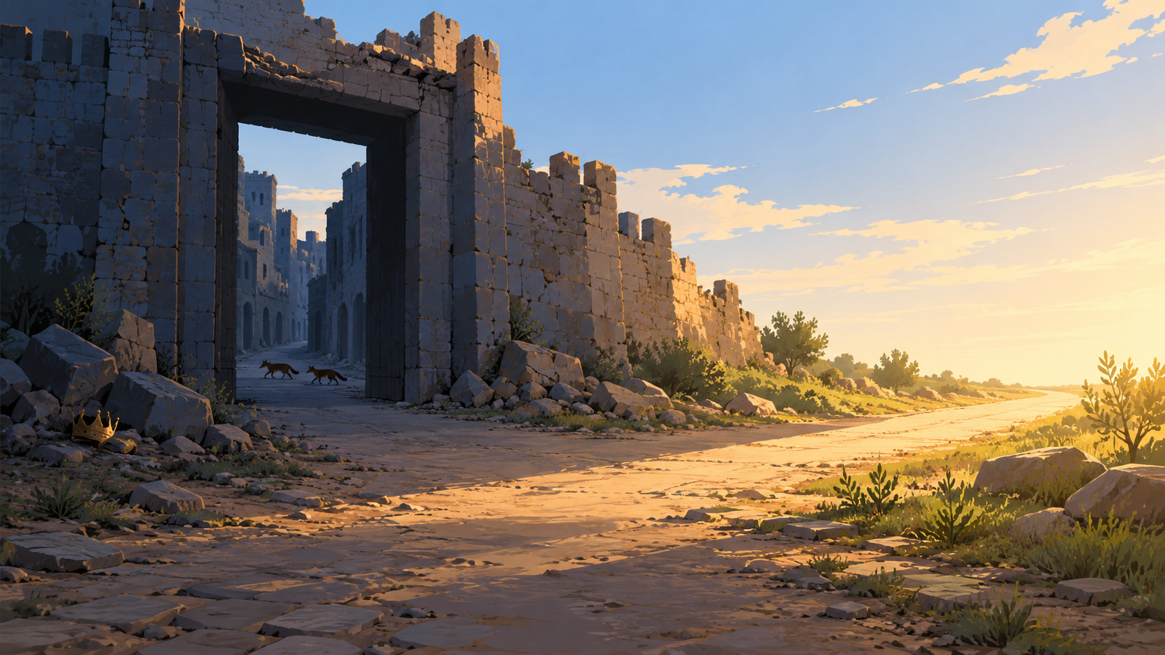 An empty road leads from an open, shadowed city gate, where a fallen crown lies and two foxes walk, out into fresh morning light.