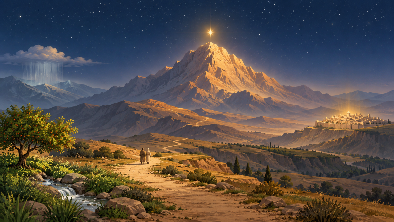 Two small figures walk from a garden up a path toward a high mountain beneath a starry sky, with a pale city on a ridge at the right and a thin band of rain on distant slopes at the left.